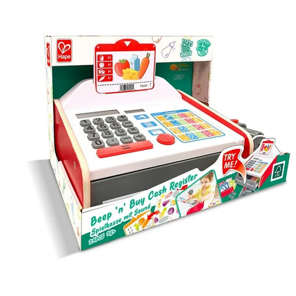 Toy cash register with colorful buttons and calculator on a white background