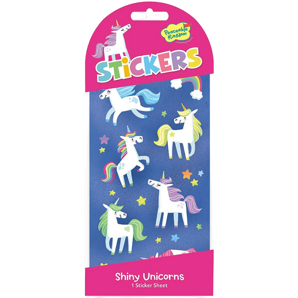Pack of stickers with colorful unicorns on a blue background