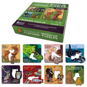 A set of colorful children's match-up puzzles featuring various animals and their babies, packaged in a box.