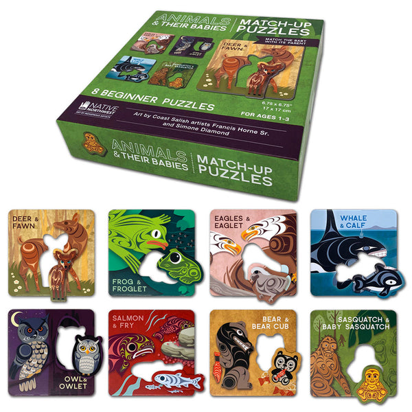 A set of colorful children's match-up puzzles featuring various animals and their babies, packaged in a box.