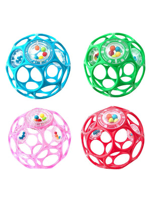 Four Bright Starts Oball rattles in blue, green, pink, and red colors with visible colorful beads inside.