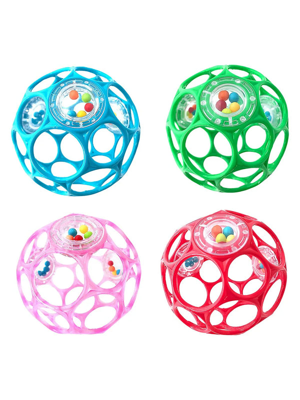 Four Bright Starts Oball rattles in blue, green, pink, and red colors with visible colorful beads inside.