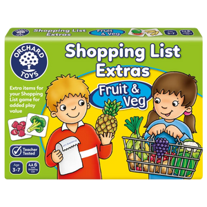 Packaging for Orchard Toys Shopping List Extras game, featuring illustrations of children and a shopping list with fruit and vegetable items.