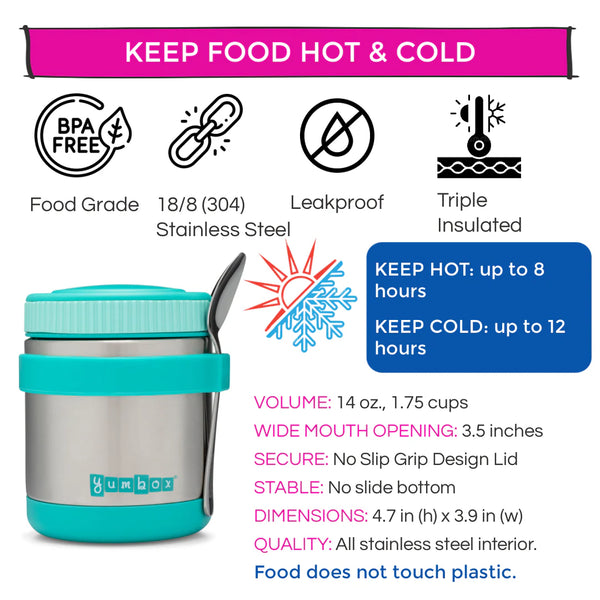 Yumbox Zuppa with Spoon and Band (Caicos Aqua) | Thermal Food Jar for Hot Lunch
