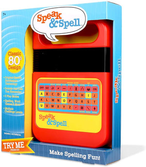 The product image shows the 'Speak and Spell' educational toy packaging. The packaging is predominantly red and yellow with text and a clear window displaying the product inside.