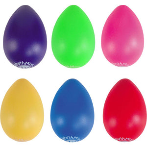 A set of colorful egg-shaped shakers, with colors including purple, green, pink, yellow, blue, and red.