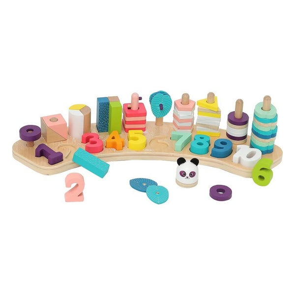 A colorful wooden educational toy consisting of various shapes and numbers, designed for children's development.