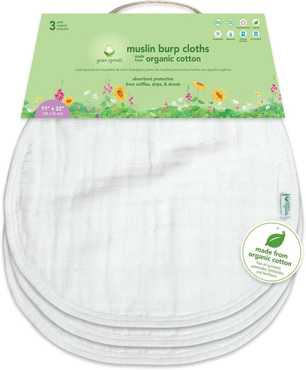Green Sprouts Muslin Burp Cloths (Set of 3 | White Organic Cotton)