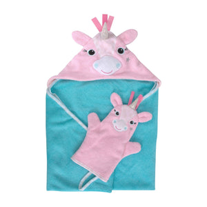 Pink unicorn hooded towel and matching mitt on a white background