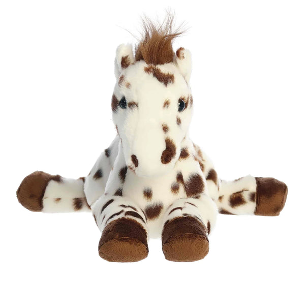 Plush toy horse with brown spots on a white background