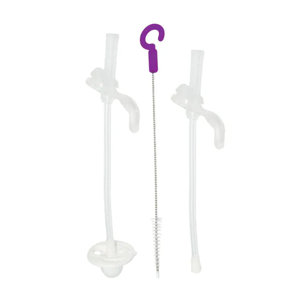 Two white straws with silicone tips and a purple cleaning brush on a white background