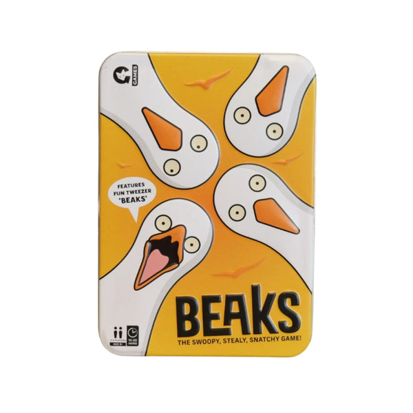 Game box for 'Beaks' with cartoon duck faces on a yellow background