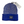 Blue knit beanie with a tag on a wooden surface