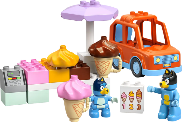 LEGO set with ice cream truck, ice cream cones, and characters on a white background