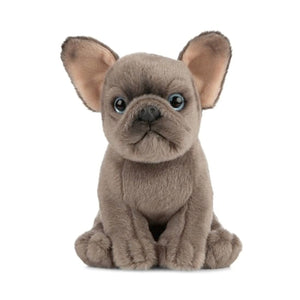 Plush toy of a gray dog sitting on a white background