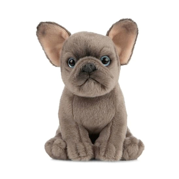 Plush toy of a gray dog sitting on a white background