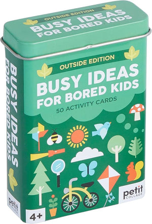 Green tin box with 'Busy Ideas for Bored Kids' on a white background