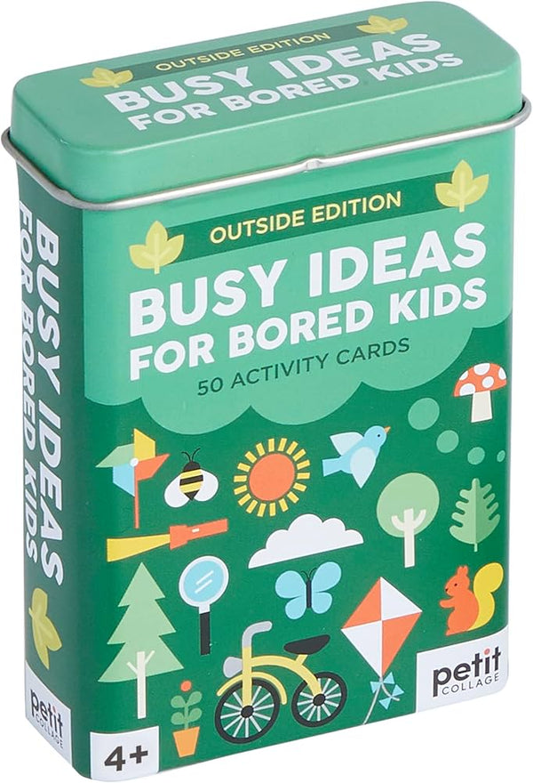 Green tin box with 'Busy Ideas for Bored Kids' on a white background