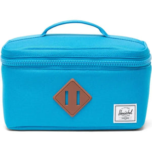 Blue rectangular bag with a brown logo and white label on a white background