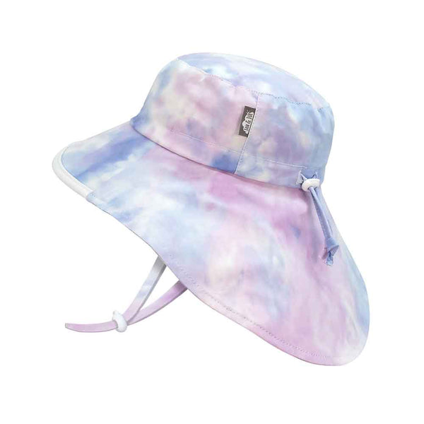 Tie-dye bucket hat with a brand logo on a white background