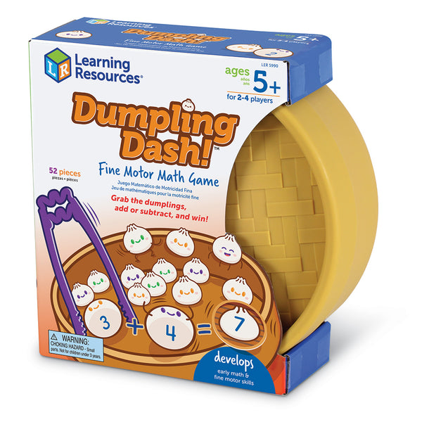 Learning Resources Fine Motor Math Game 'Dumpling Dash!' in its retail box, showing the yellow woven dumpling basket, purple tongs, and numbered dumpling pieces on a white background.