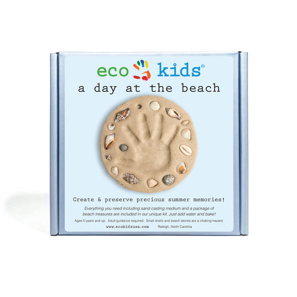 Packaging for Eco Kids A Day at the Beach Handprint Cast, showing a handprint design with beach treasures like shells and stones.