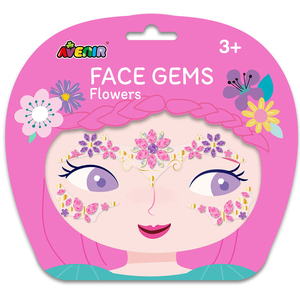 Avenin Face Gems Flowers set in its pink retail blister packaging, featuring a cartoon girl illustration with pink braids and flower face gems.