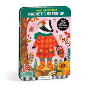 Folklore Forest magnetic dress-up toy packaging with a character in an orange coat and boots on a white background.