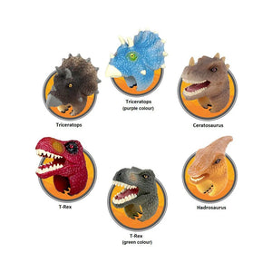 An assortment of hand-painted dinosaur rings, featuring different species such as T-Rex and Triceratops, displayed on a circular orange base.
