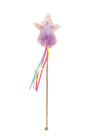 A plastic magic wand with a star shape at the top, featuring a purple fluffy end and multicolored streamers.
