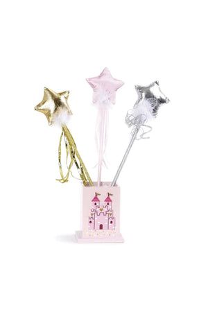Three star-shaped party wands in gold, pink, and silver with a pink holder featuring a castle design on a white background.