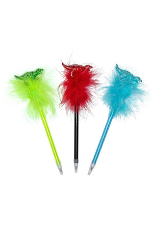 A set of three fluffy pens in green, red, and blue colors with feather embellishments.