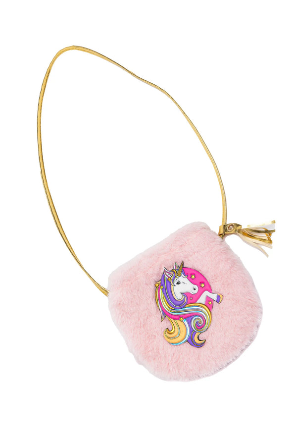 A pink faux fur coin purse with a unicorn design on it, featuring a gold-colored chain strap.