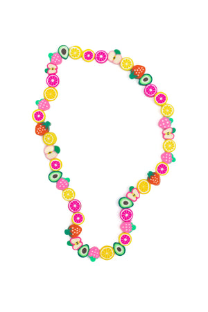 Colorful necklace with fruit-shaped beads on a white background