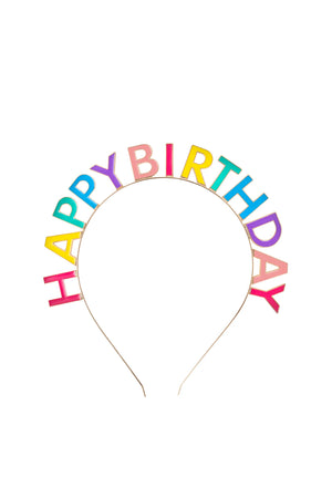 Colorful 'Happy Birthday' headband on a white background