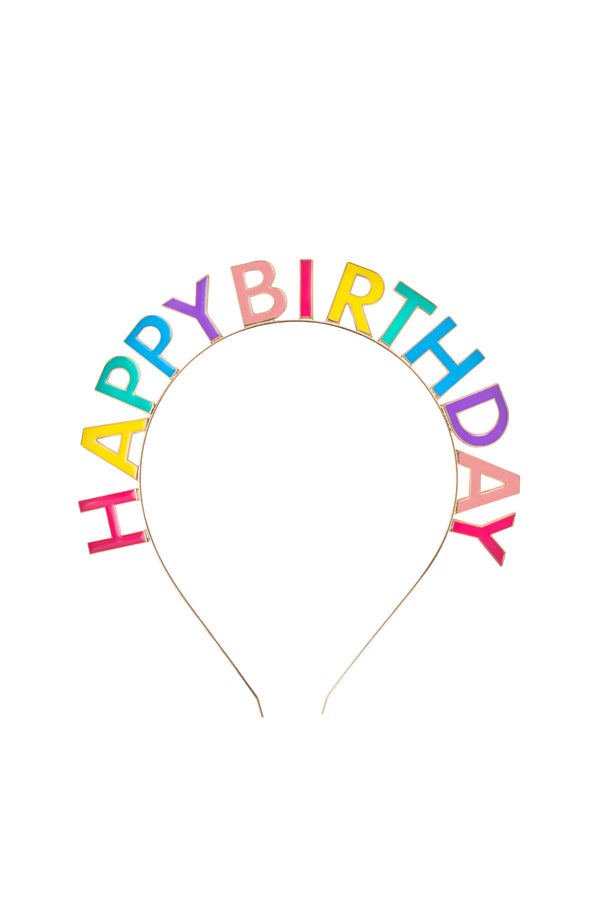 Colorful 'Happy Birthday' headband on a white background