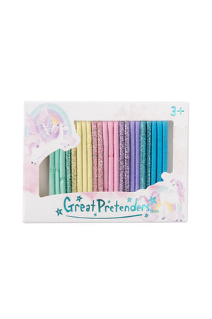 A pack of 25 multicolored hair ties presented in a box with the brand name 'Great Pretenders' on the top. The hair ties are visible in a variety of colors including blue, pink, purple, and green, each with a sparkly or shimmering design.