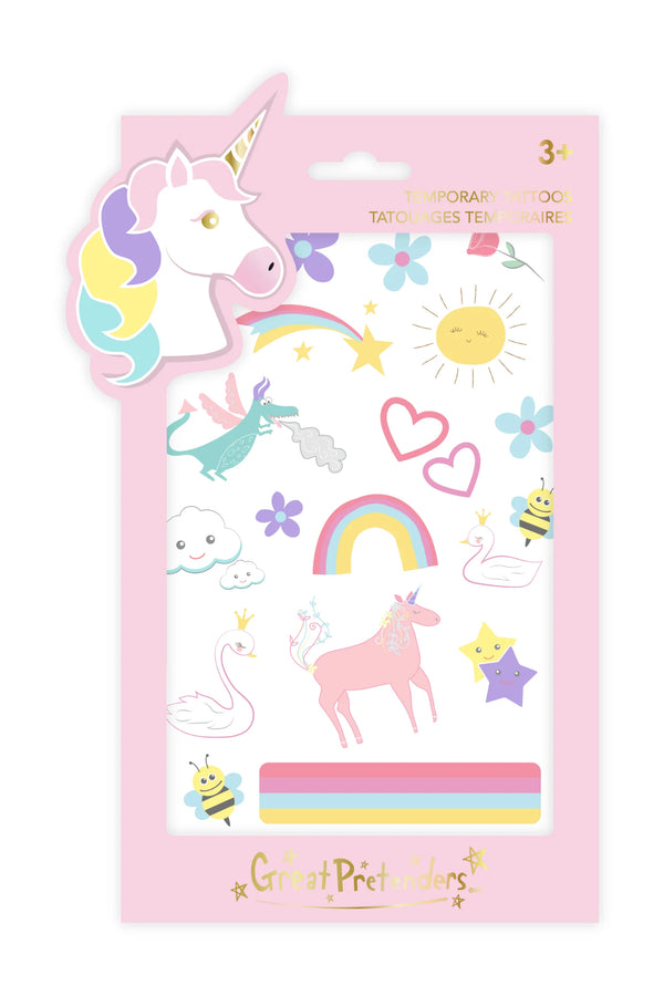 A package of temporary tattoos featuring a variety of designs including a unicorn, hearts, stars, and other playful motifs, predominantly in pastel colors.