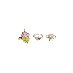 A set of three rose gold-colored rings, featuring a butterfly and a unicorn design, intended for children's fingers.