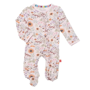 This image features a charming Magnetic Me Modal Ruffle Magnetic Footie Sleeper for infants. The footie is crafted from eco-friendly TENCEL™ modal fabric, known for its softness, breathability, and gentle touch on sensitive skin.