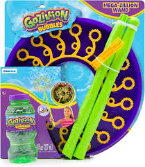 Gazillion Bubbles Mega-Zillion Wand set with bubble solution on a blue and purple background