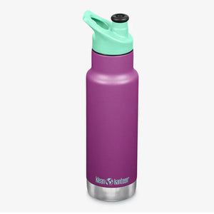 Purple water bottle with a teal lid on a white background