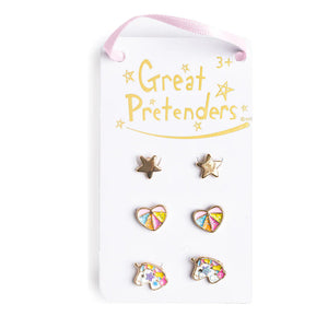 Set of earrings on a 'Great Pretenders' branded card with a white background