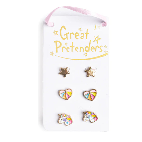 Set of earrings on a 'Great Pretenders' branded card with a white background