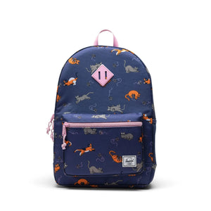 Navy backpack with animal pattern and pink accents on a white background
