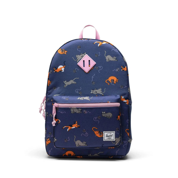 Navy backpack with animal pattern and pink accents on a white background