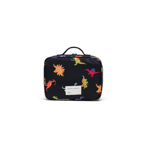 Black toiletry bag with colorful dinosaur patterns on a white background