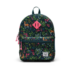 Floral-patterned backpack with a pink logo on a white background