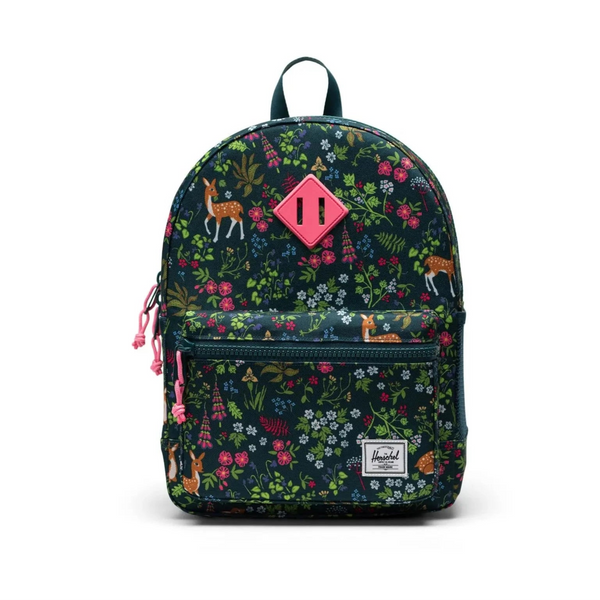 Floral-patterned backpack with a pink logo on a white background