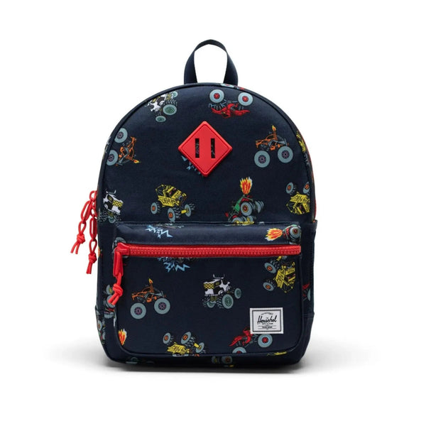 Backpack with colorful design and red accents on a white background